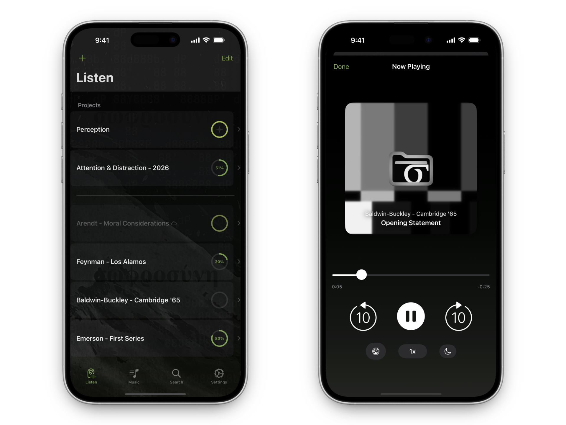 Tam Listen — library view and Now Playing interface
